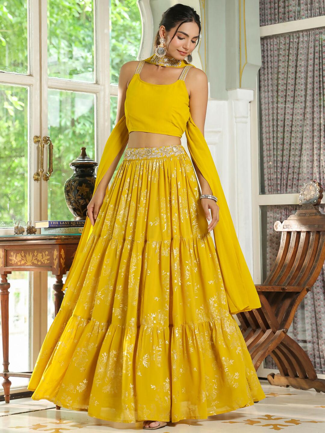 Janasya Yellow Georgette Solid Lehenga Choli Dupatta