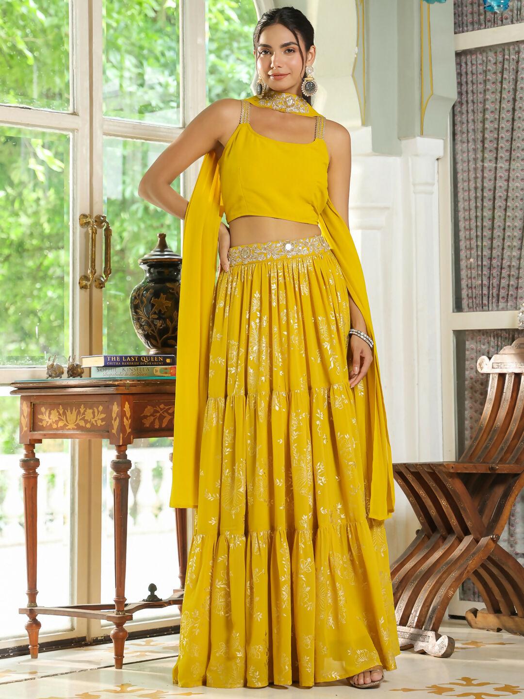 Janasya Yellow Georgette Solid Lehenga Choli Dupatta