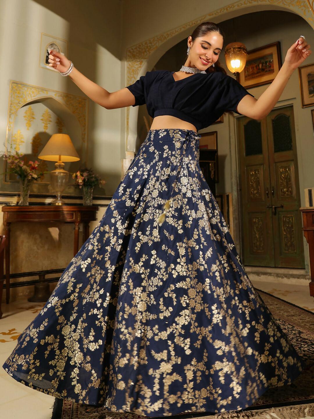 Janasya Navy Blue Silk Blend Solid Lehenga Choli