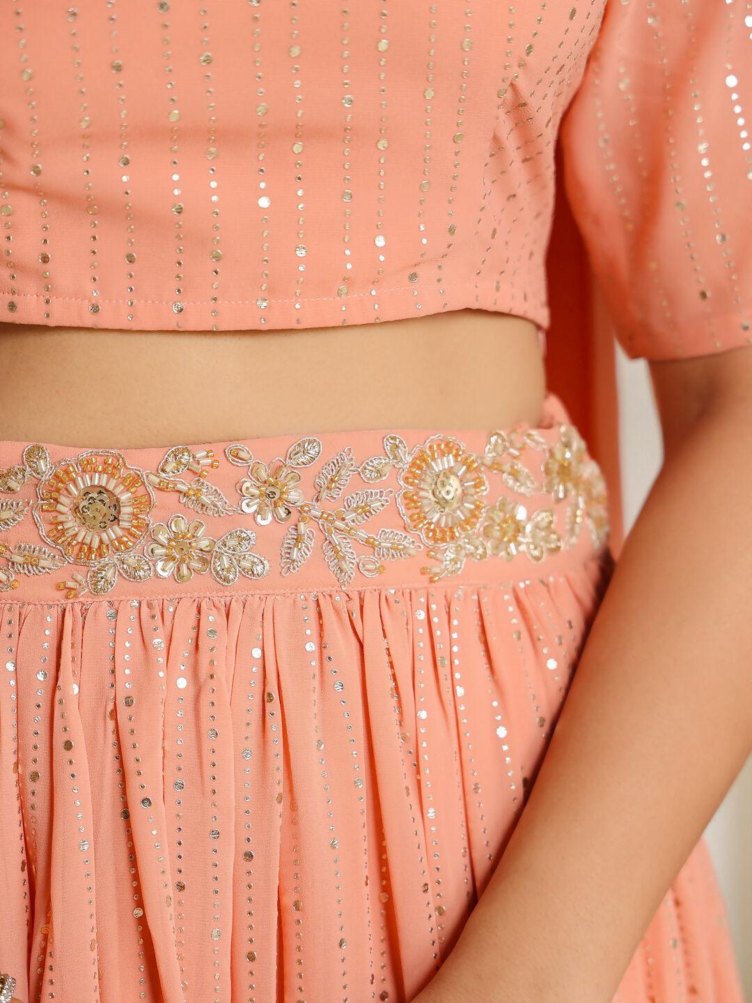 Janasya Peach Georgette Foil Print Lehenga Choli Dupatta