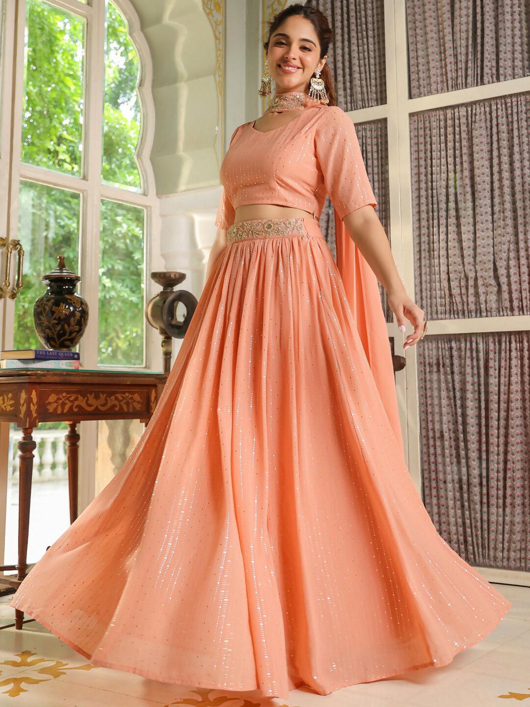 Janasya Peach Georgette Foil Print Lehenga Choli Dupatta