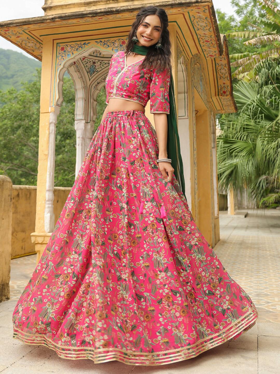 Janasya Pink Georgette Floral Lehenga Choli Dupatta