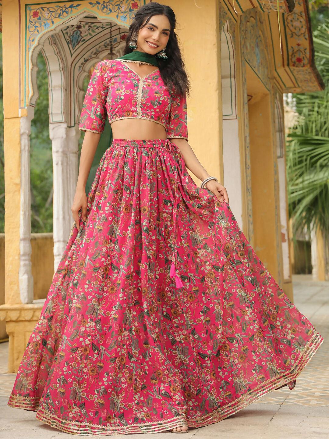 Janasya Pink Georgette Floral Lehenga Choli Dupatta