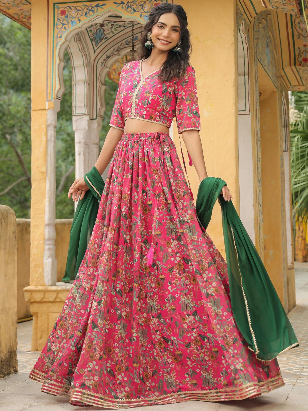 Janasya Pink Georgette Floral Lehenga Choli Dupatta