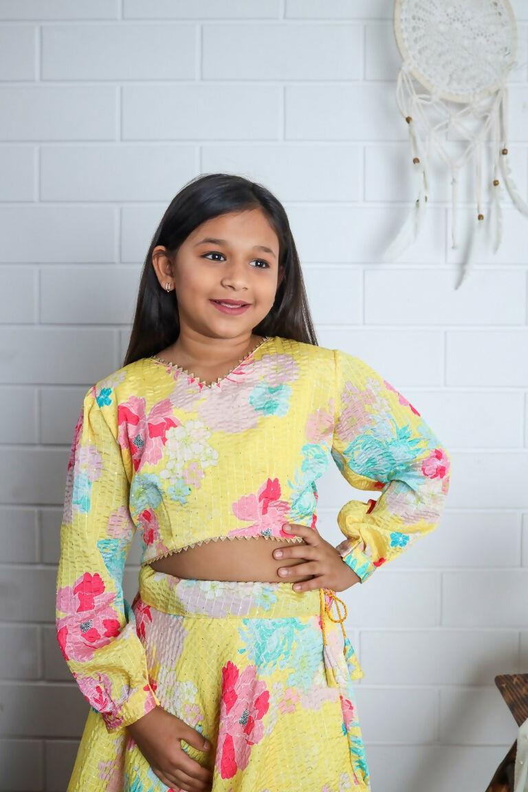 Aayaa Designer Printed Chinon Crochet Sequance Kids Lehenga Choli - Yellow