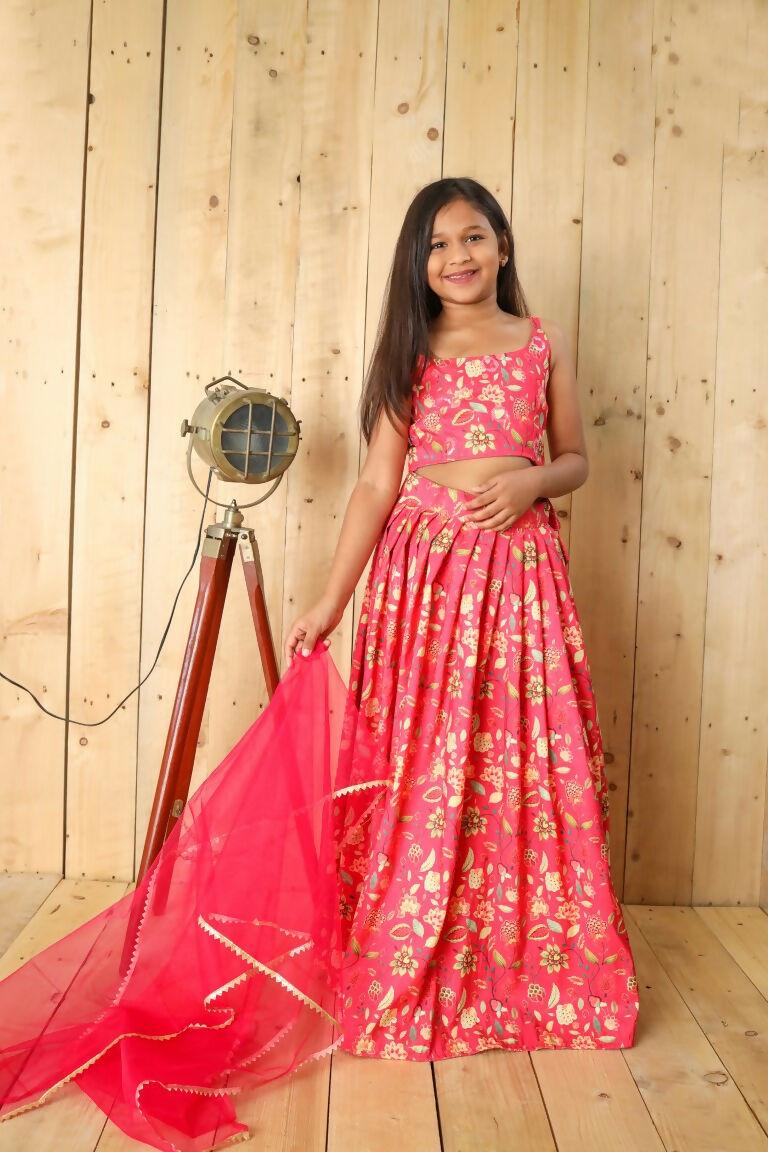 Aayaa Designer Printed Silk Embroidery Kids Lehenga Choli - Pink