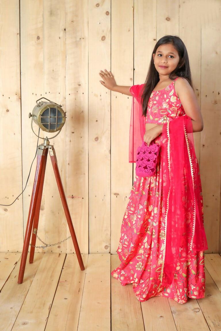 Aayaa Designer Printed Silk Embroidery Kids Lehenga Choli - Pink