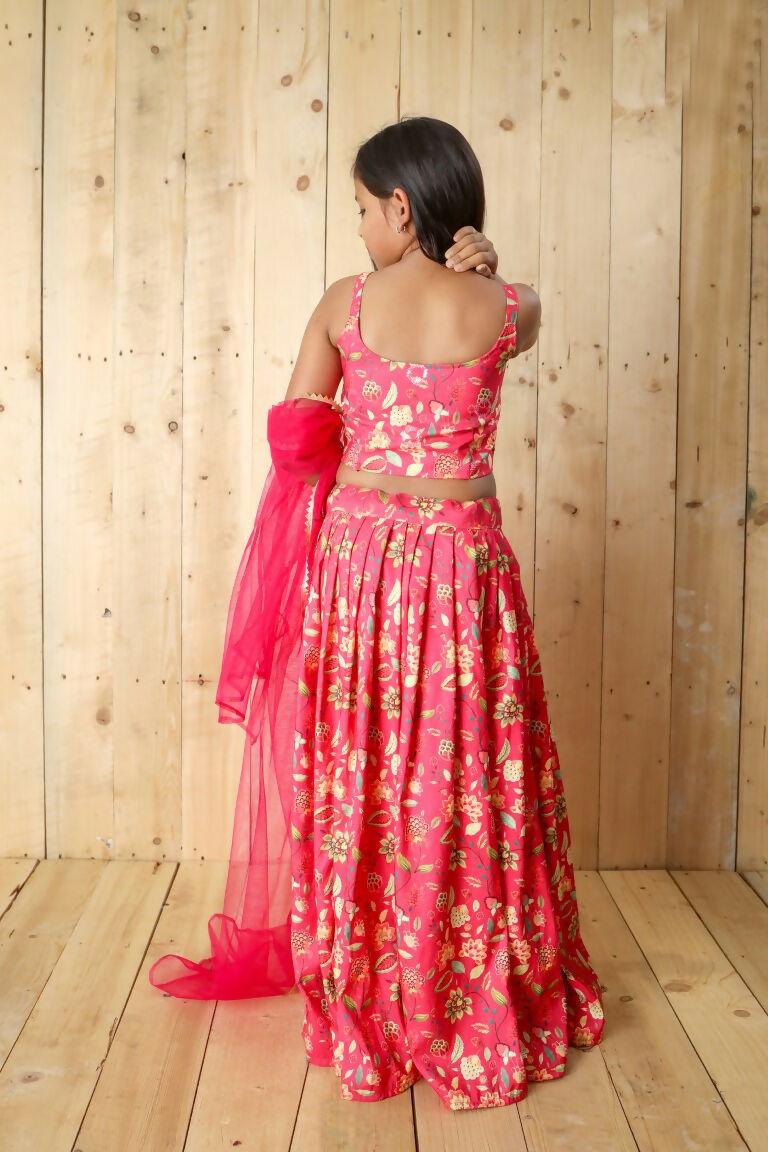 Aayaa Designer Printed Silk Embroidery Kids Lehenga Choli - Pink