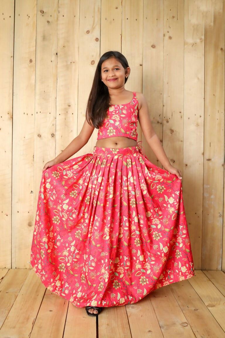 Aayaa Designer Printed Silk Embroidery Kids Lehenga Choli - Pink