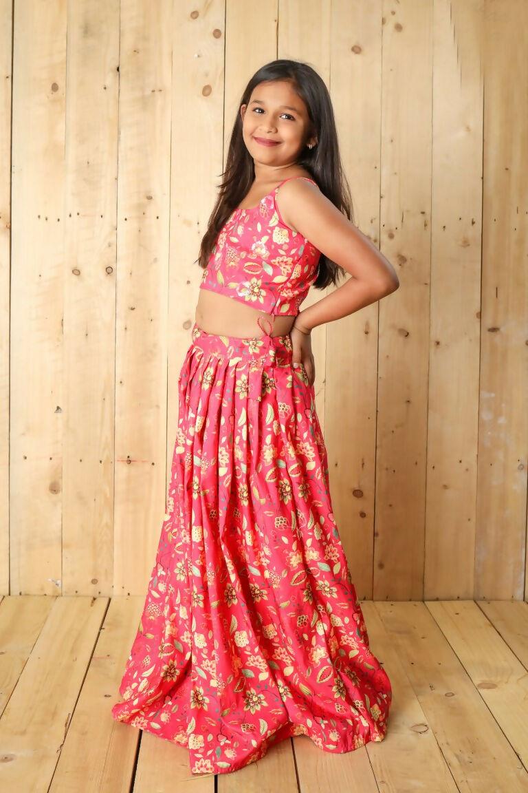 Aayaa Designer Printed Silk Embroidery Kids Lehenga Choli - Pink