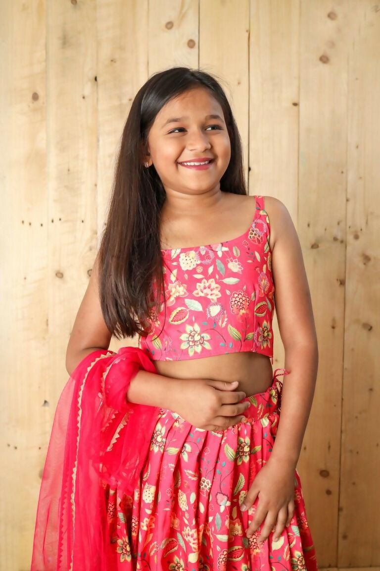 Aayaa Designer Printed Silk Embroidery Kids Lehenga Choli - Pink