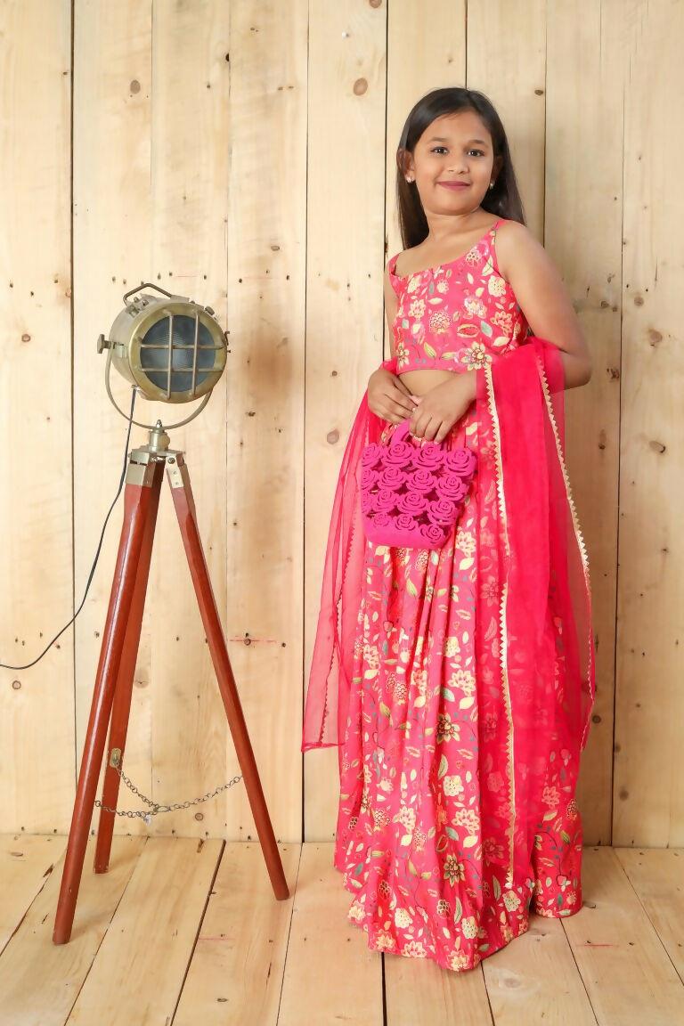 Aayaa Designer Printed Silk Embroidery Kids Lehenga Choli - Pink