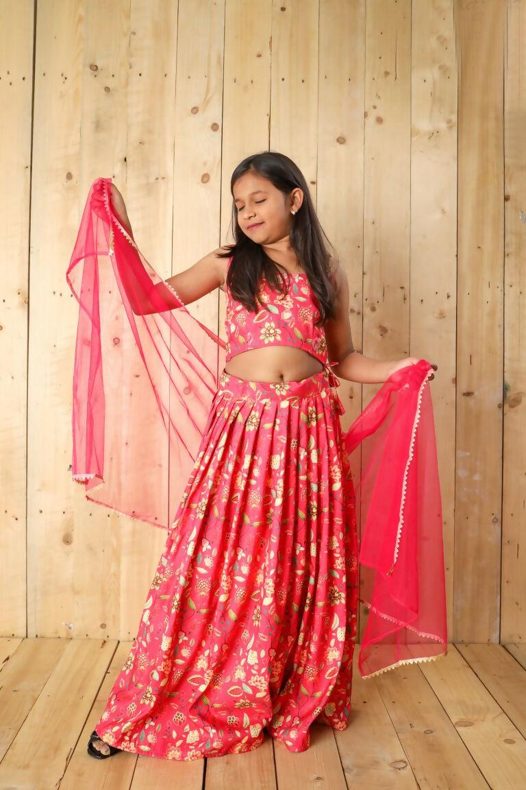 Aayaa Designer Printed Silk Embroidery Kids Lehenga Choli - Pink