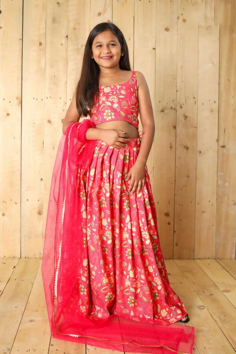 Aayaa Designer Printed Silk Embroidery Kids Lehenga Choli - Pink