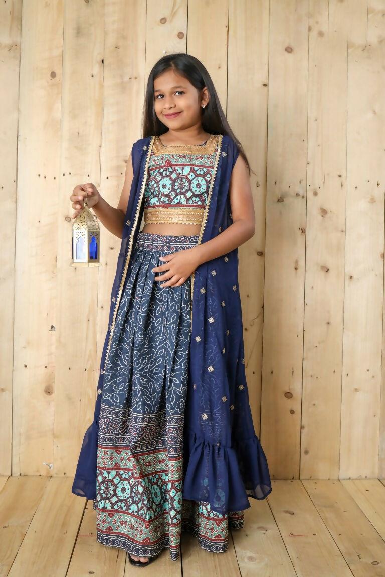 Aayaa Designer Printed Silk Embroidery Kids Lehenga Choli - Blue