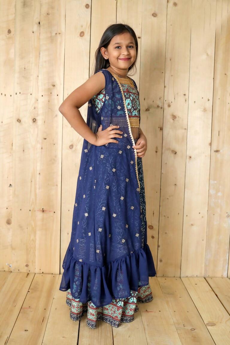 Aayaa Designer Printed Silk Embroidery Kids Lehenga Choli - Blue