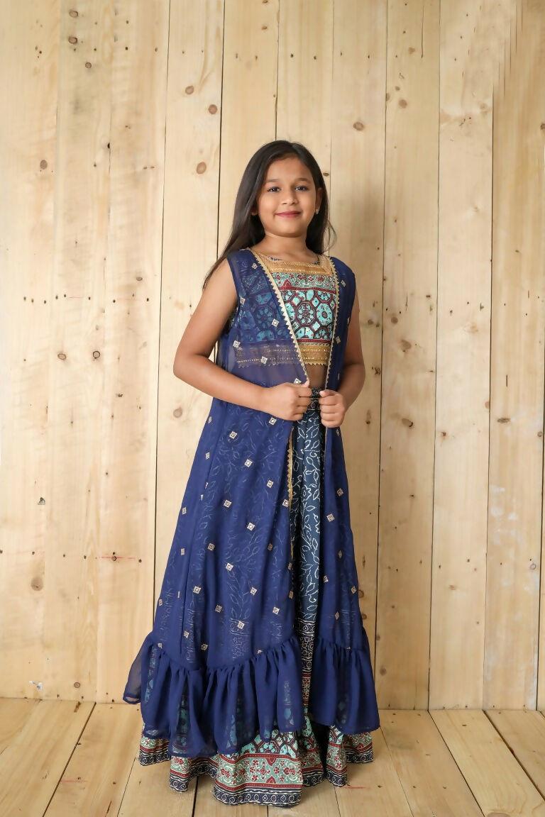 Aayaa Designer Printed Silk Embroidery Kids Lehenga Choli - Blue