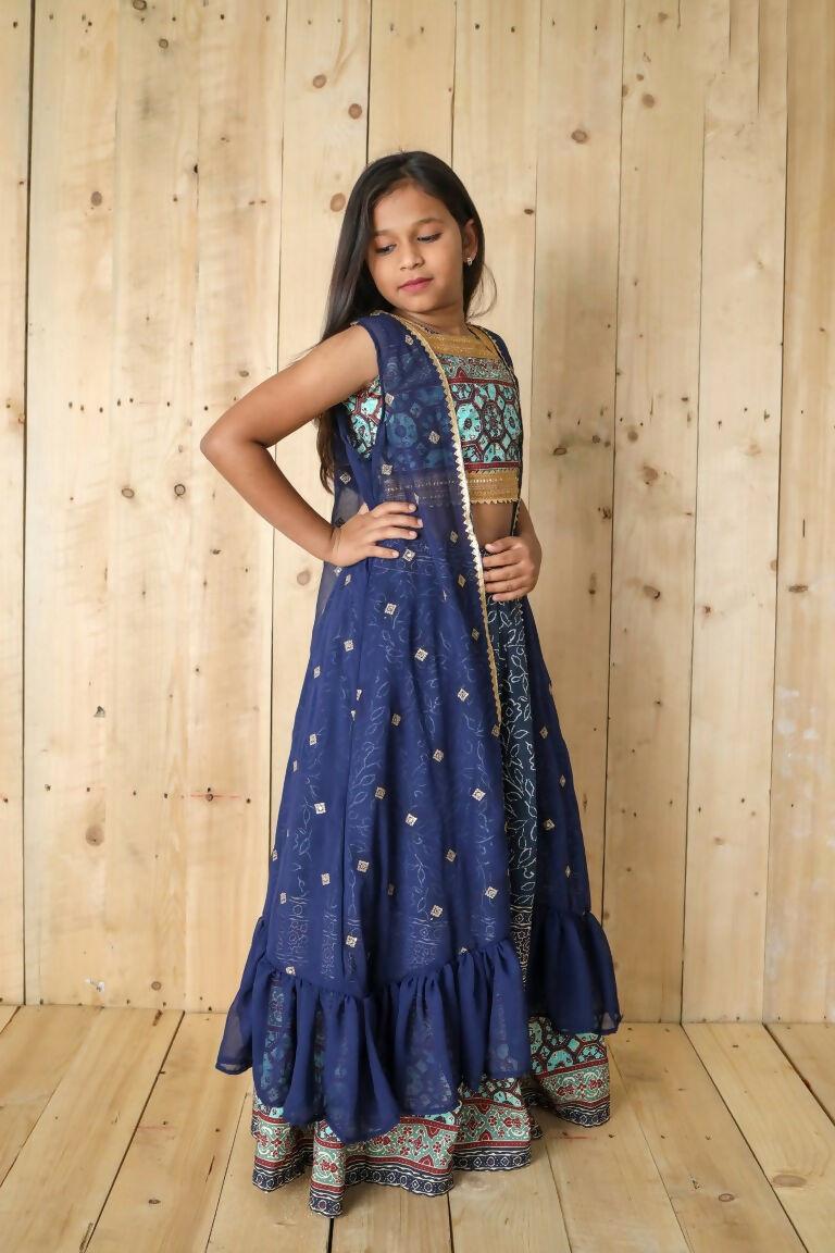 Aayaa Designer Printed Silk Embroidery Kids Lehenga Choli - Blue