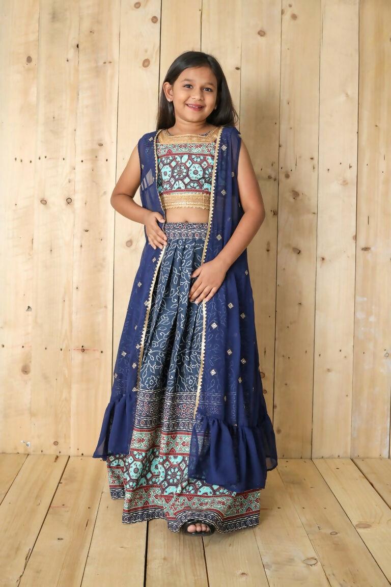 Aayaa Designer Printed Silk Embroidery Kids Lehenga Choli - Blue