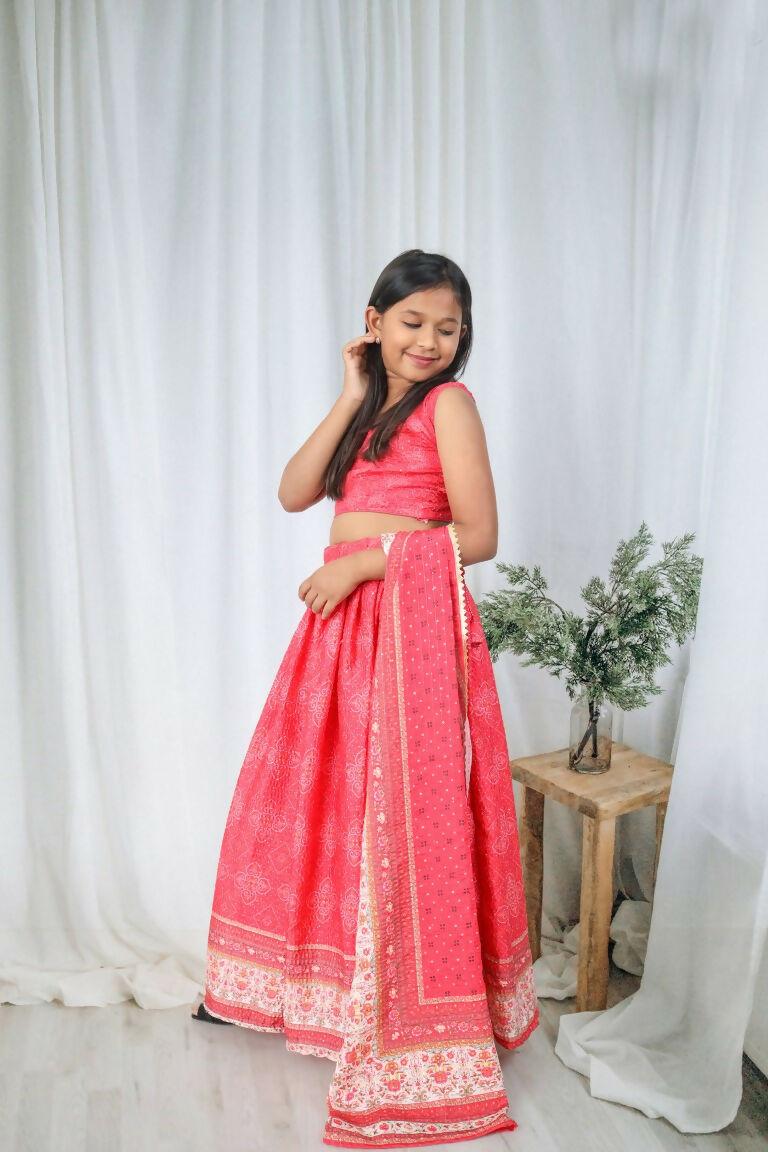 Aayaa Designer Printed Chinon Crochet Sequance Kids Lehenga Choli - Pink