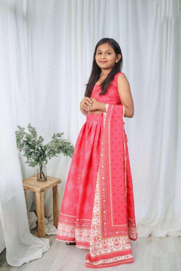 Aayaa Designer Printed Chinon Crochet Sequance Kids Lehenga Choli - Pink