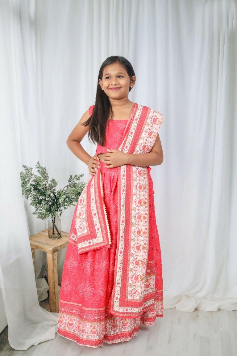 Aayaa Designer Printed Chinon Crochet Sequance Kids Lehenga Choli - Pink