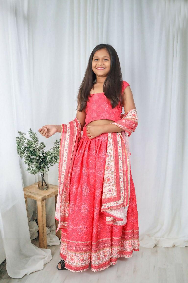 Aayaa Designer Printed Chinon Crochet Sequance Kids Lehenga Choli - Pink