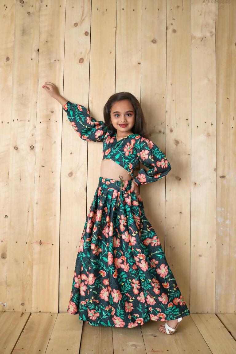 Aayaa Designer Printed Chinon Crochet Sequance Kids Lehenga Choli - Green