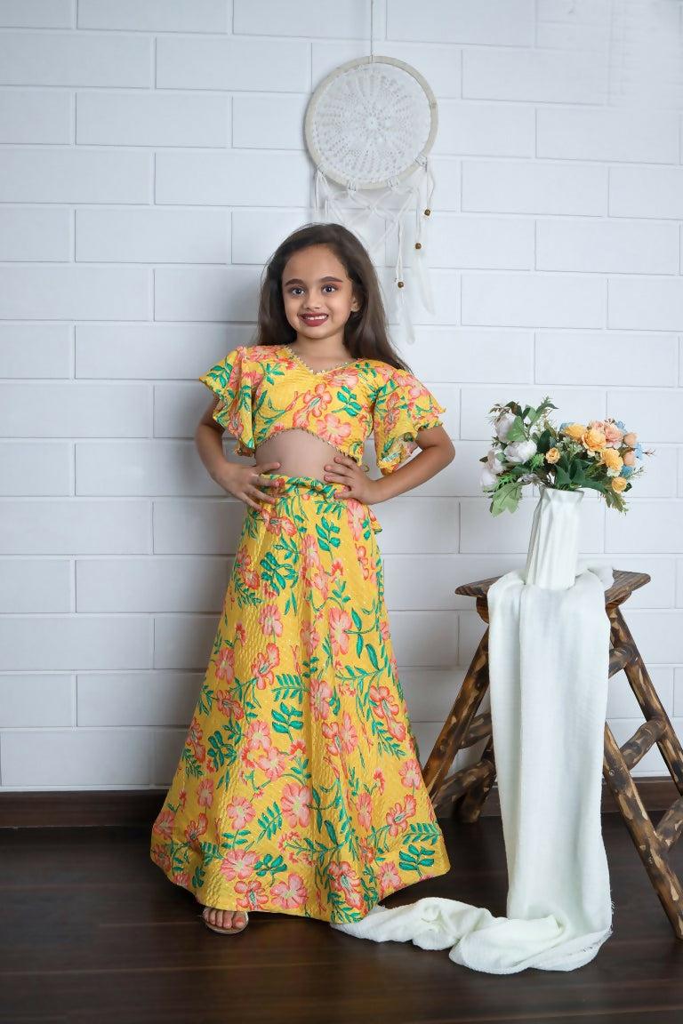 Aayaa Designer Printed Chinon Crochet Sequance Kids Lehenga Choli - Yellow