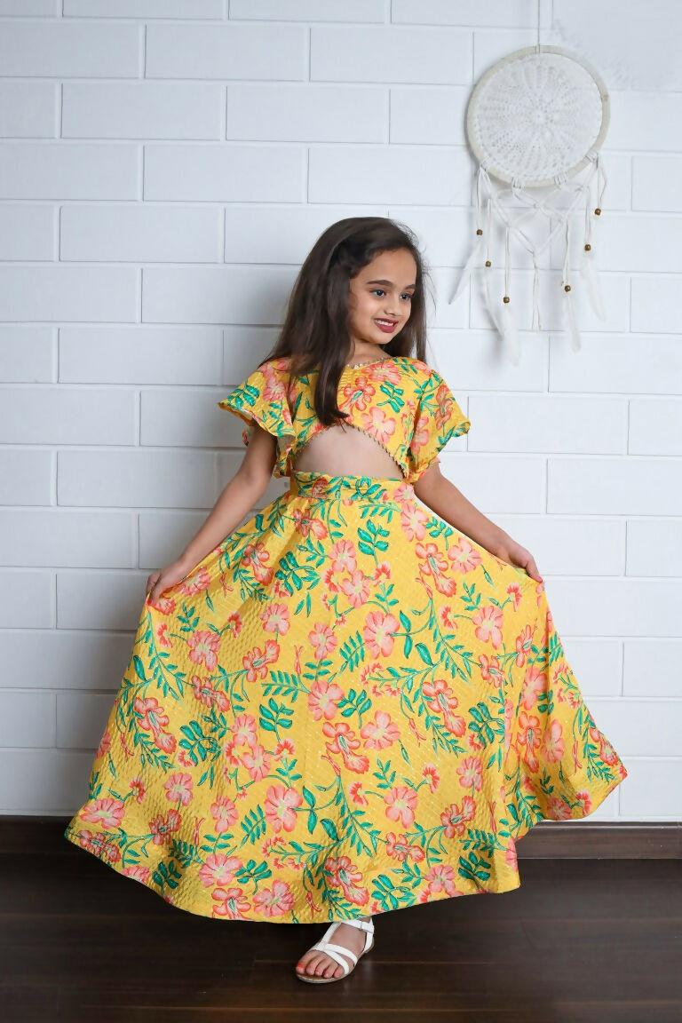 Aayaa Designer Printed Chinon Crochet Sequance Kids Lehenga Choli - Yellow