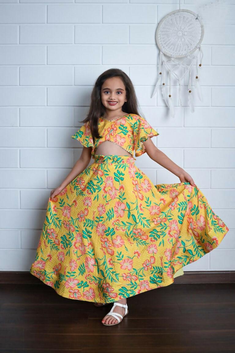 Aayaa Designer Printed Chinon Crochet Sequance Kids Lehenga Choli - Yellow