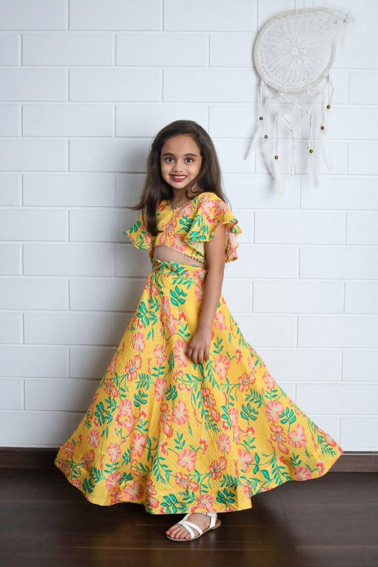 Aayaa Designer Printed Chinon Crochet Sequance Kids Lehenga Choli - Yellow