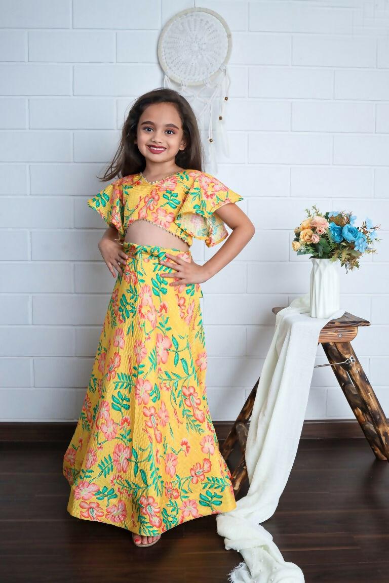 Aayaa Designer Printed Chinon Crochet Sequance Kids Lehenga Choli - Yellow