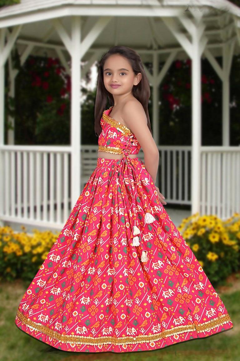 Aayaa Designer Printed Silk Pink Kids Lehenga Choli - Pink