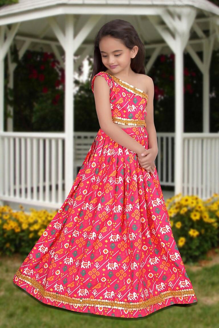 Aayaa Designer Printed Silk Pink Kids Lehenga Choli - Pink