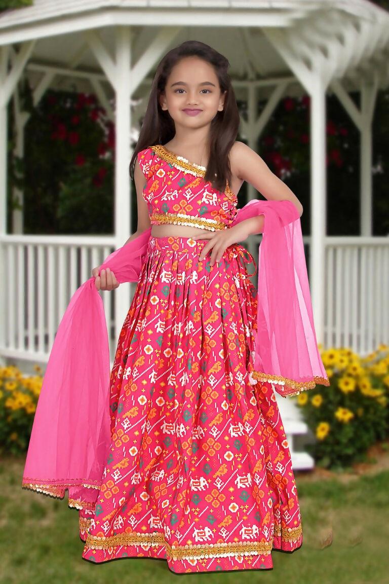 Aayaa Designer Printed Silk Pink Kids Lehenga Choli - Pink