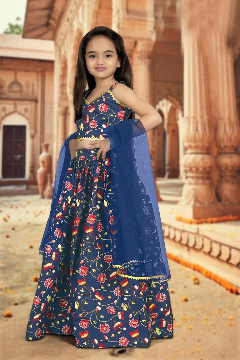 Aayaa Designer Printed Silk Blue Kids Lehenga Choli - Blue