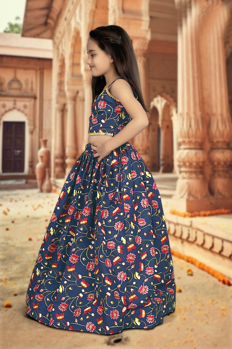 Aayaa Designer Printed Silk Blue Kids Lehenga Choli - Blue