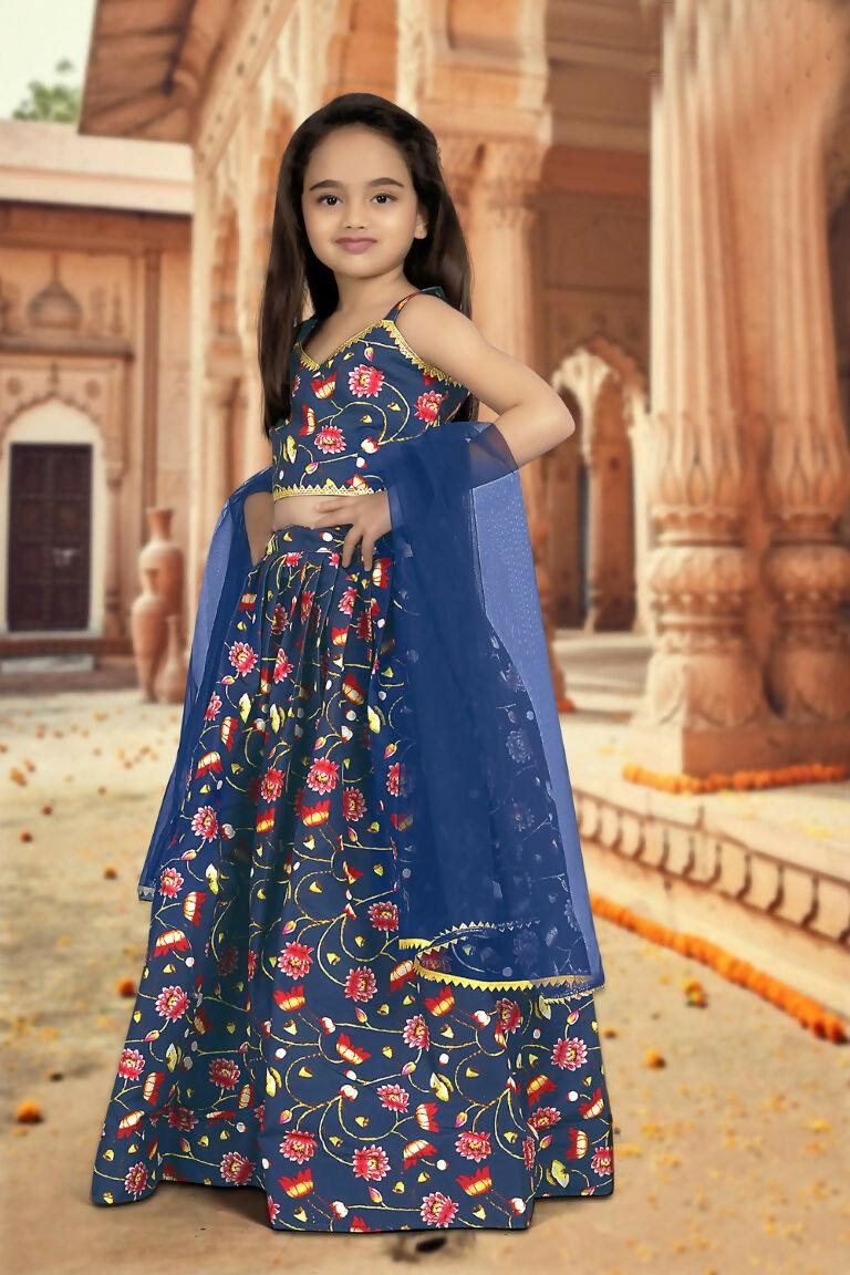 Aayaa Designer Printed Silk Blue Kids Lehenga Choli - Blue