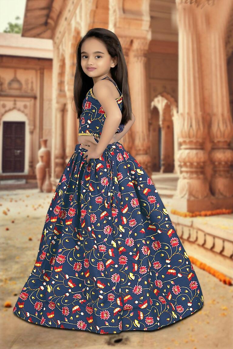 Aayaa Designer Printed Silk Blue Kids Lehenga Choli - Blue