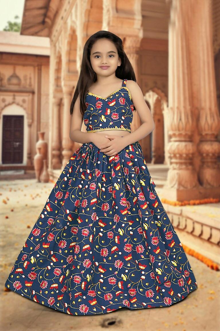 Aayaa Designer Printed Silk Blue Kids Lehenga Choli - Blue