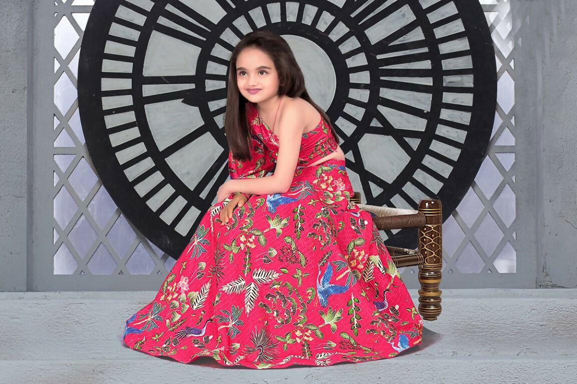 Aayaa Designer Printed Chinon Crochet Sequance Pink Kids Lehenga Choli - Pink