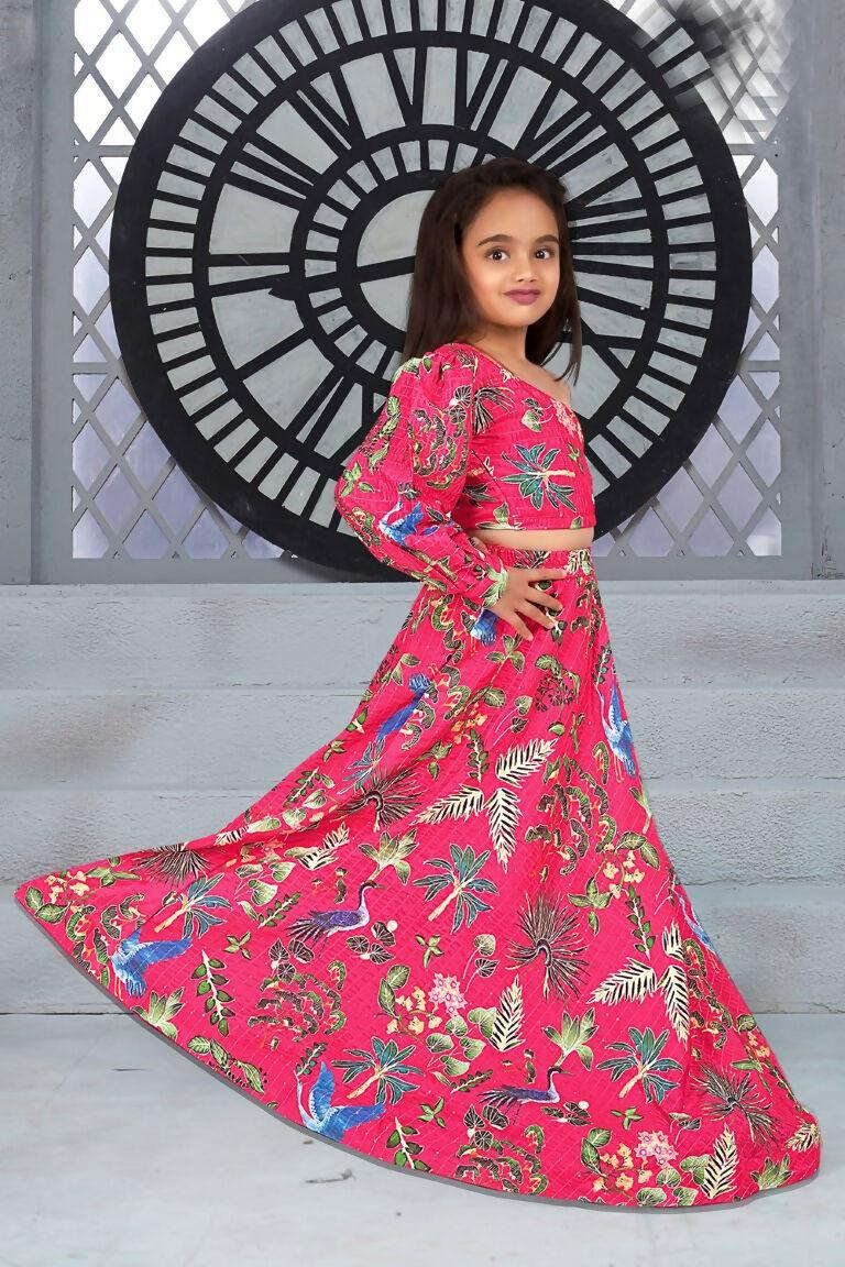 Aayaa Designer Printed Chinon Crochet Sequance Pink Kids Lehenga Choli - Pink