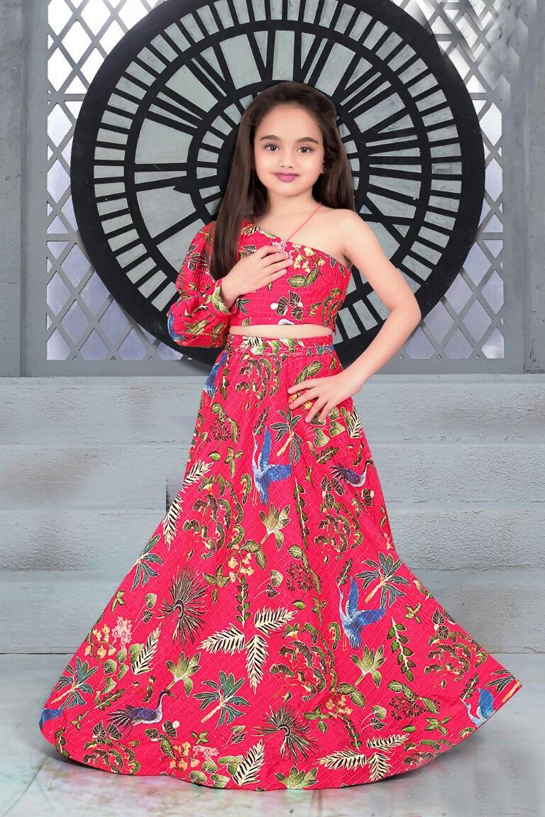 Aayaa Designer Printed Chinon Crochet Sequance Pink Kids Lehenga Choli - Pink