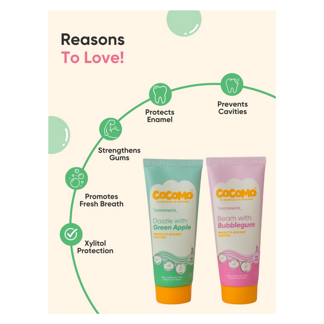 Cocomo Beam With Bubblegum And Dazzle With Green Apple Toothpaste For Kids Combo