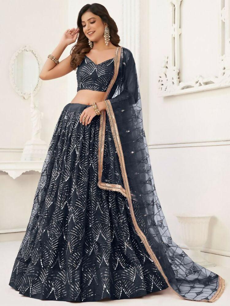 Black Butterfly Soft Net Embroidery With Real Mirror Work Lehenga Choli - Jihu Culture