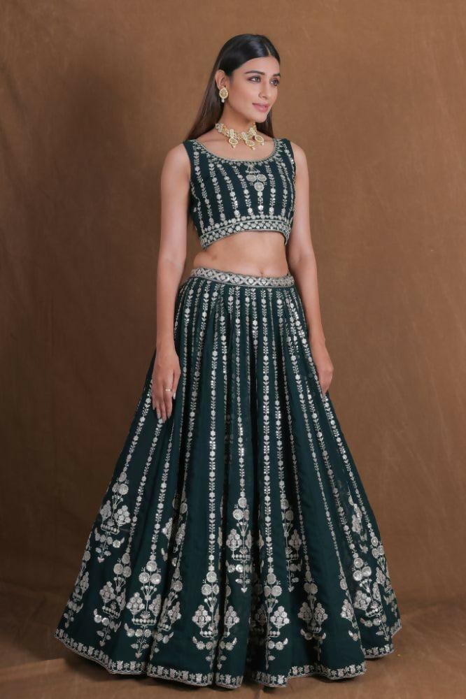 Bottlegreen Georgette Zari,Sequence Thread Embroidery Work Lehenga Choli - Jihu Culture