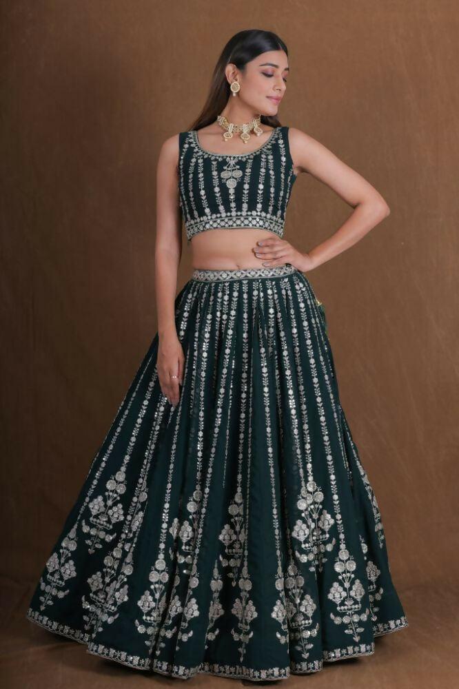 Bottlegreen Georgette Zari,Sequence Thread Embroidery Work Lehenga Choli - Jihu Culture