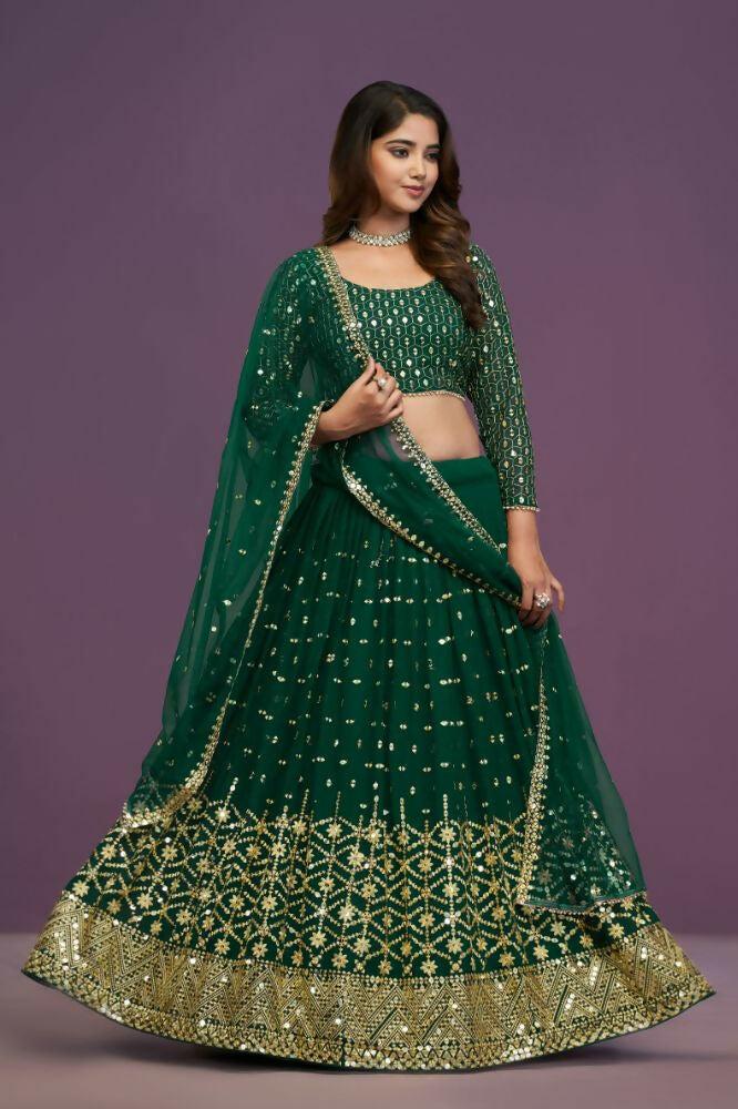 Green Georgette Embroidery Sequence Work Lehenga Choli Set - Jihu Culture