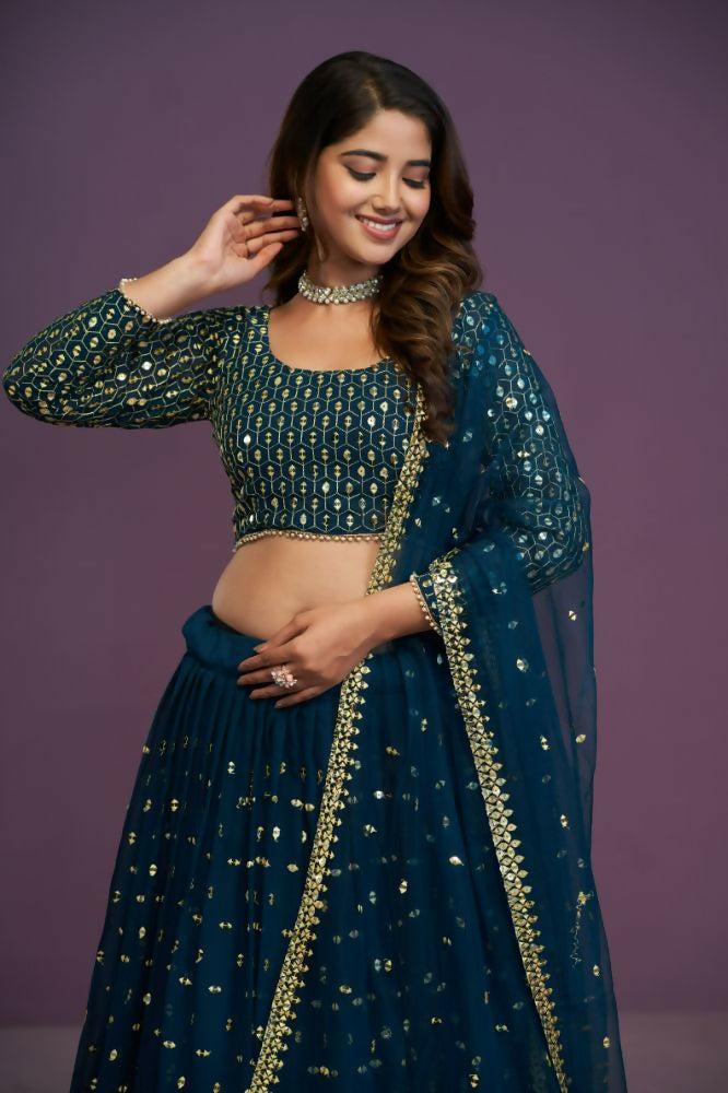 Blue Georgette Embroidery Sequence Work Lehenga Choli Set - Jihu Culture